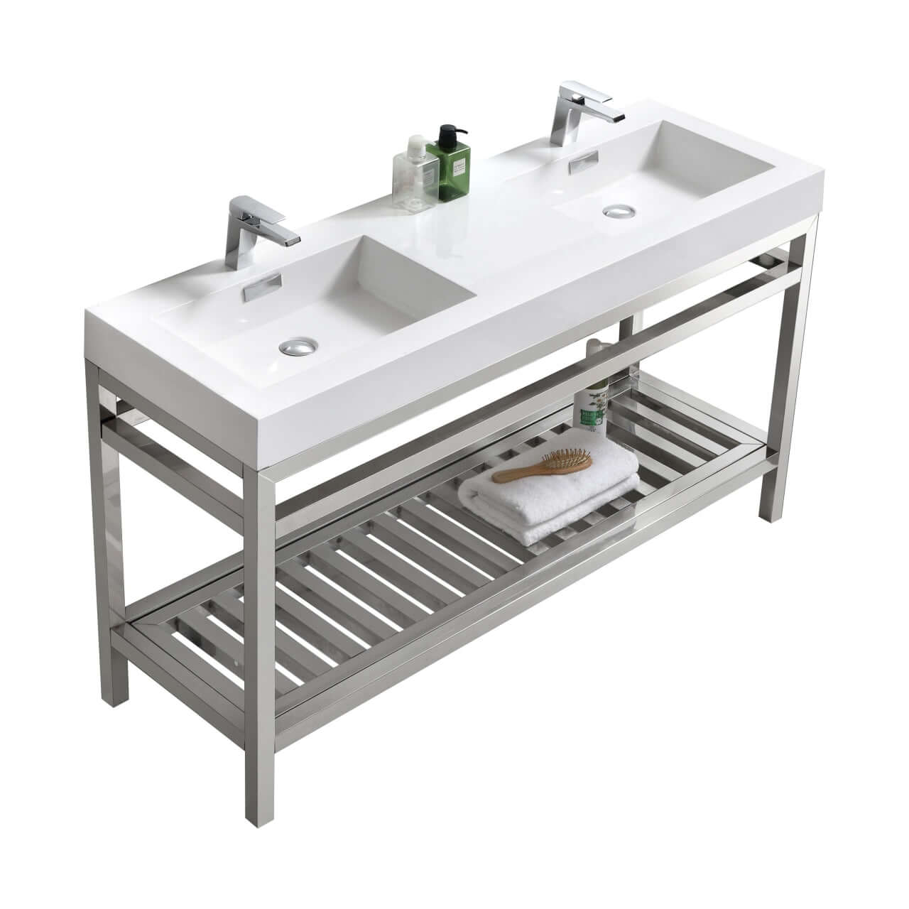 Cisco 60" Double Sink Stainless Steel Console with Acrylic Sink in Chrome finish for small bathrooms and powder rooms.