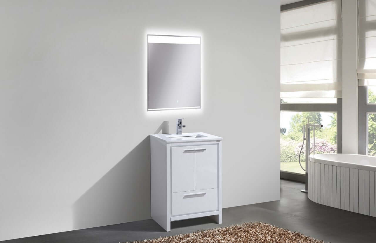 KubeBath Dolce 24″ High Gloss White Modern Bathroom Vanity with White Quartz Counter-Top
