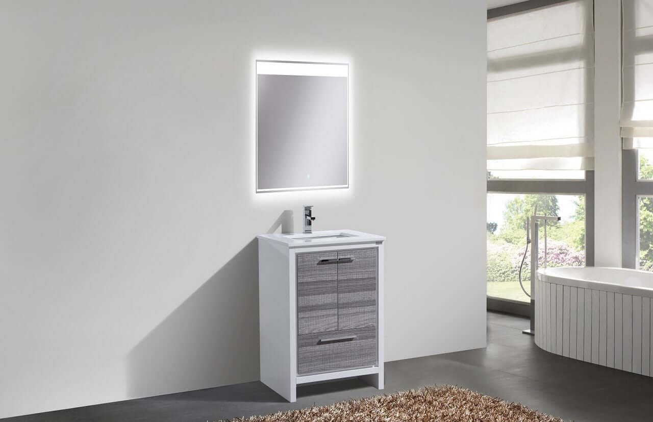 KubeBath Dolce 24″ Ash Gray Modern Bathroom Vanity with White Quartz Counter-Top
