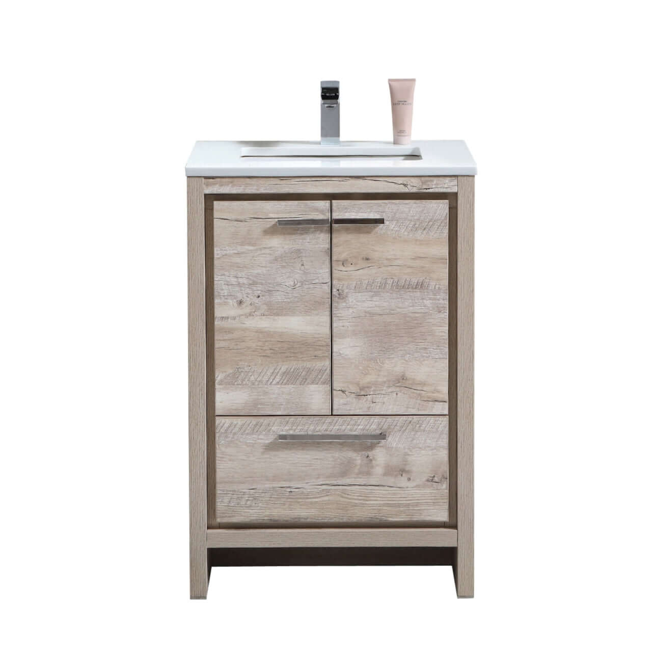 KubeBath Dolce 24″ Nature Wood Modern Bathroom Vanity with White Quartz Counter-Top