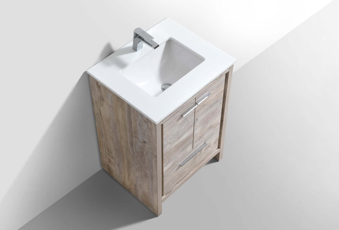 KubeBath Dolce 24″ Nature Wood Modern Bathroom Vanity with White Quartz Counter-Top