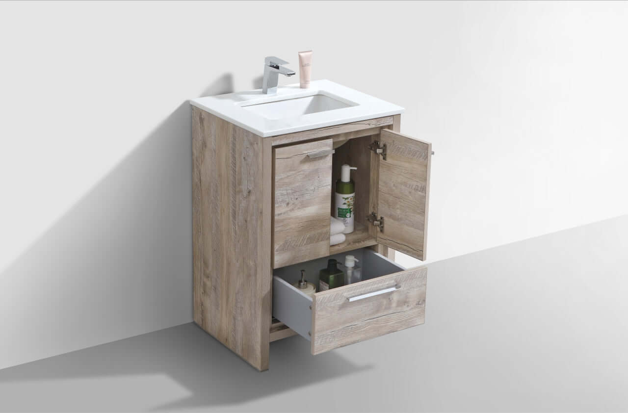 KubeBath Dolce 24″ Nature Wood Modern Bathroom Vanity with White Quartz Counter-Top