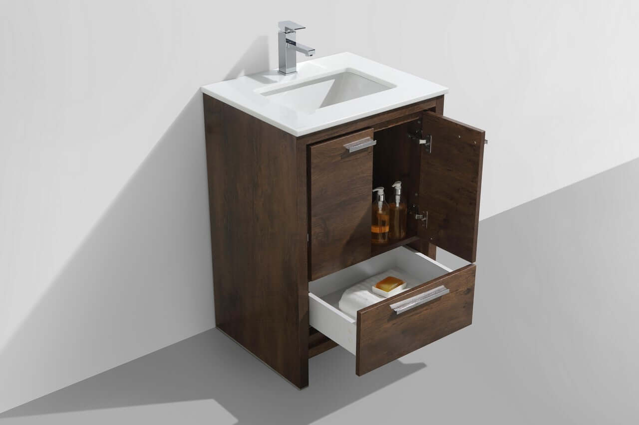 KubeBath Dolce 24″ Rose Wood Modern Bathroom Vanity with White Quartz Counter-Top