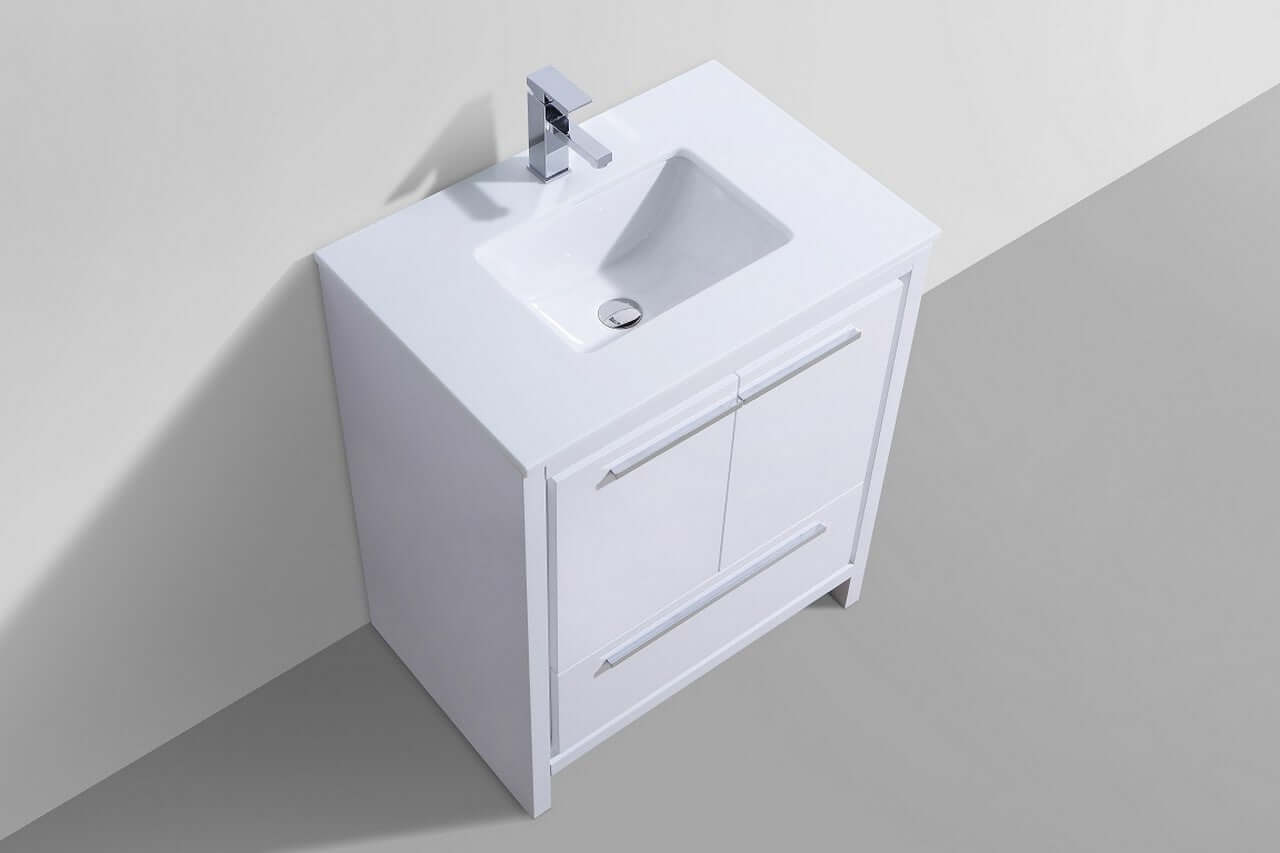 KubeBath Dolce 30″ High Gloss White Modern Bathroom Vanity with White Quartz Counter-Top