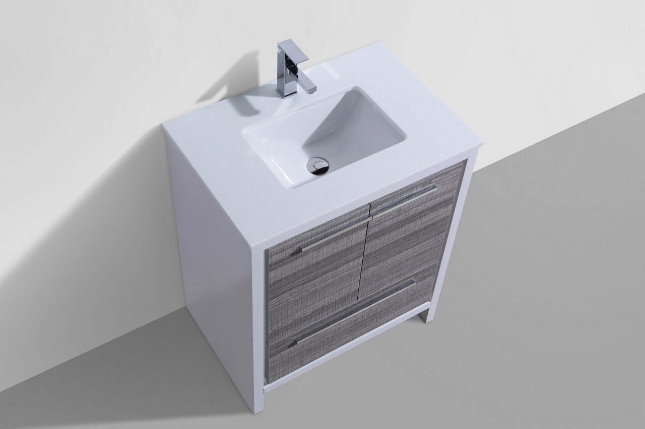 KubeBath Dolce 30″ Ash Gray Modern Bathroom Vanity with White Quartz Counter-Top