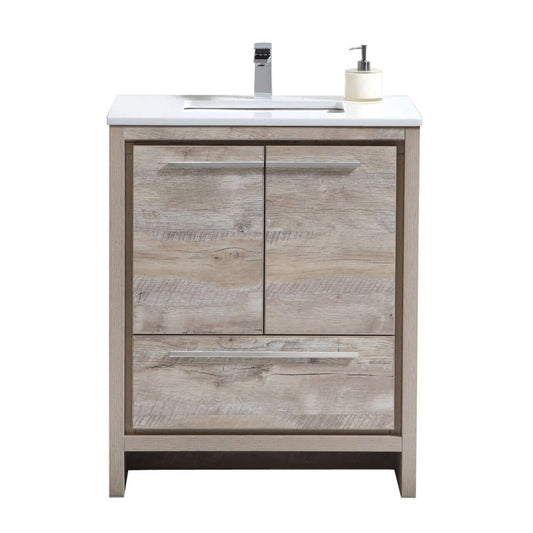 KubeBath Dolce 30″ Nature Wood Modern Bathroom Vanity with White Quartz Counter-Top