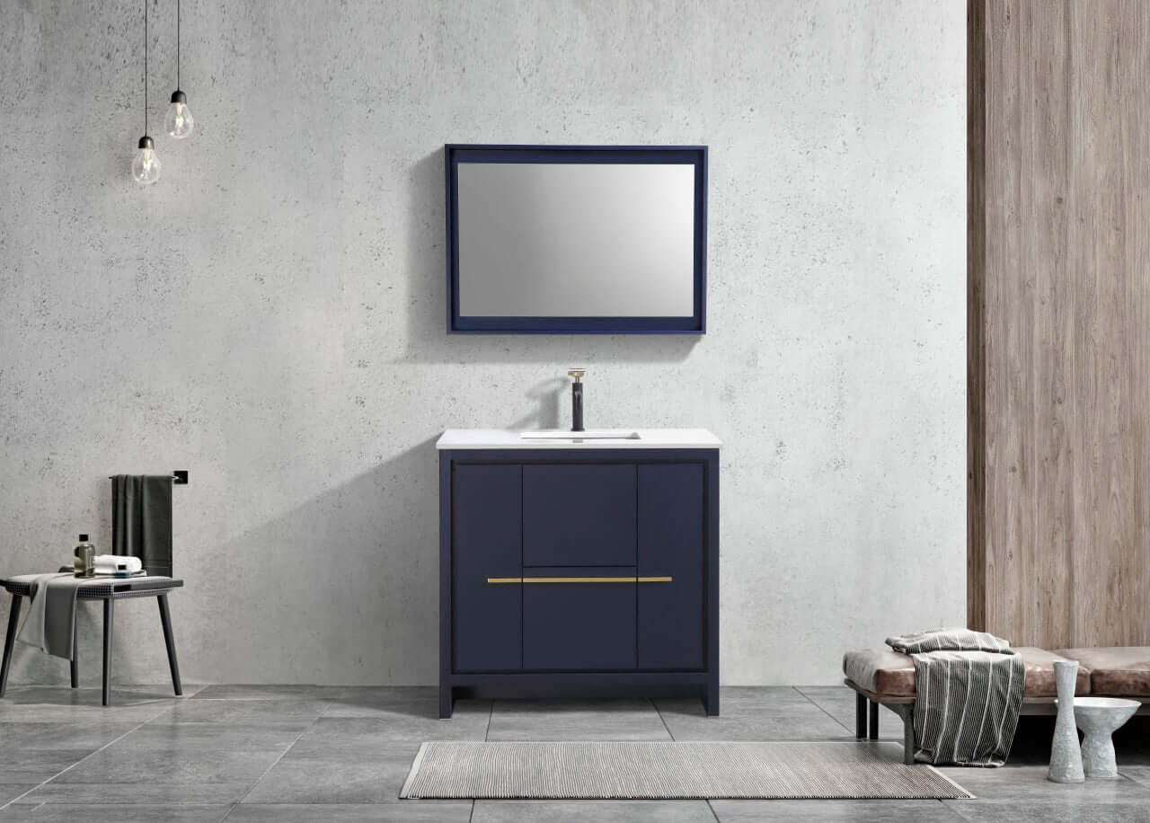 KubeBath Dolce 36″ Blue Modern Bathroom Vanity with White Quartz Counter-Top