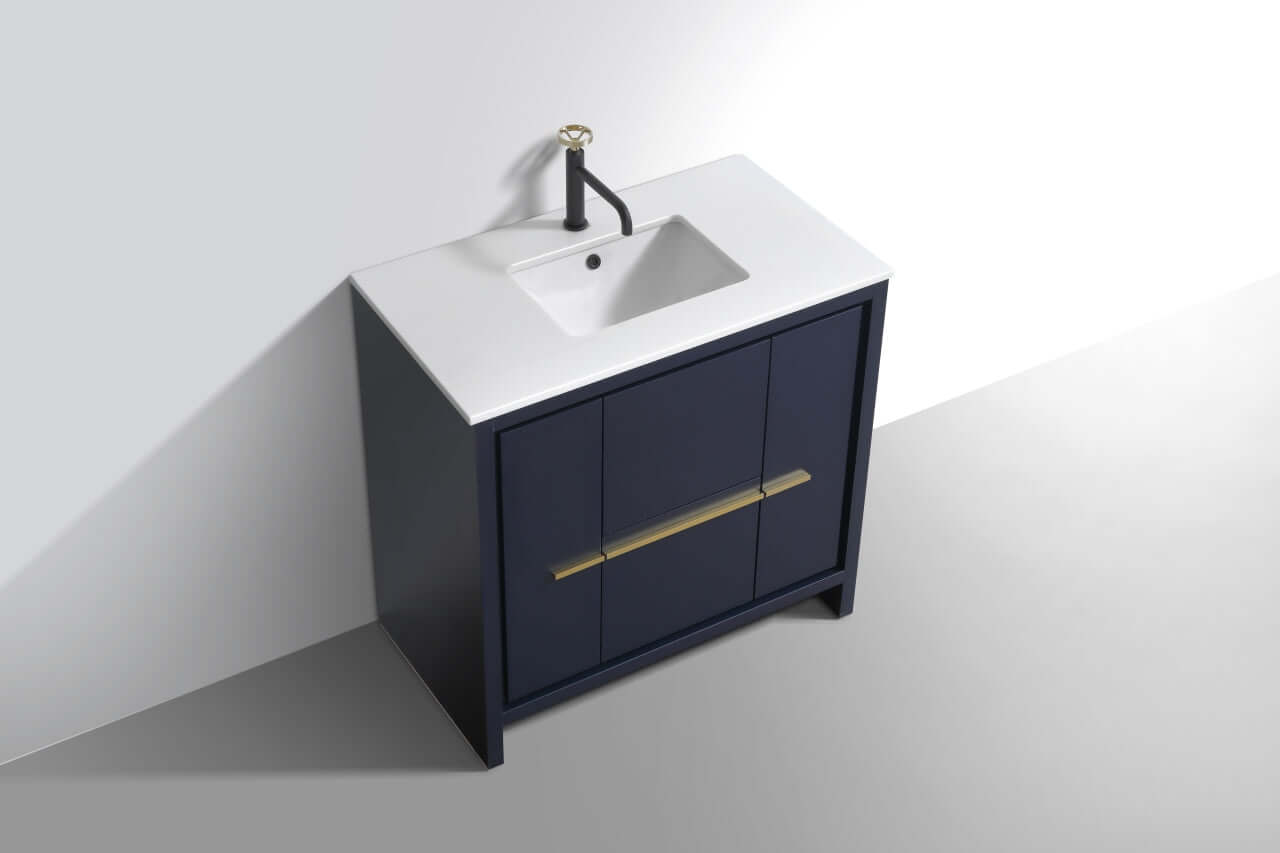 KubeBath Dolce 36″ Blue Modern Bathroom Vanity with White Quartz Counter-Top