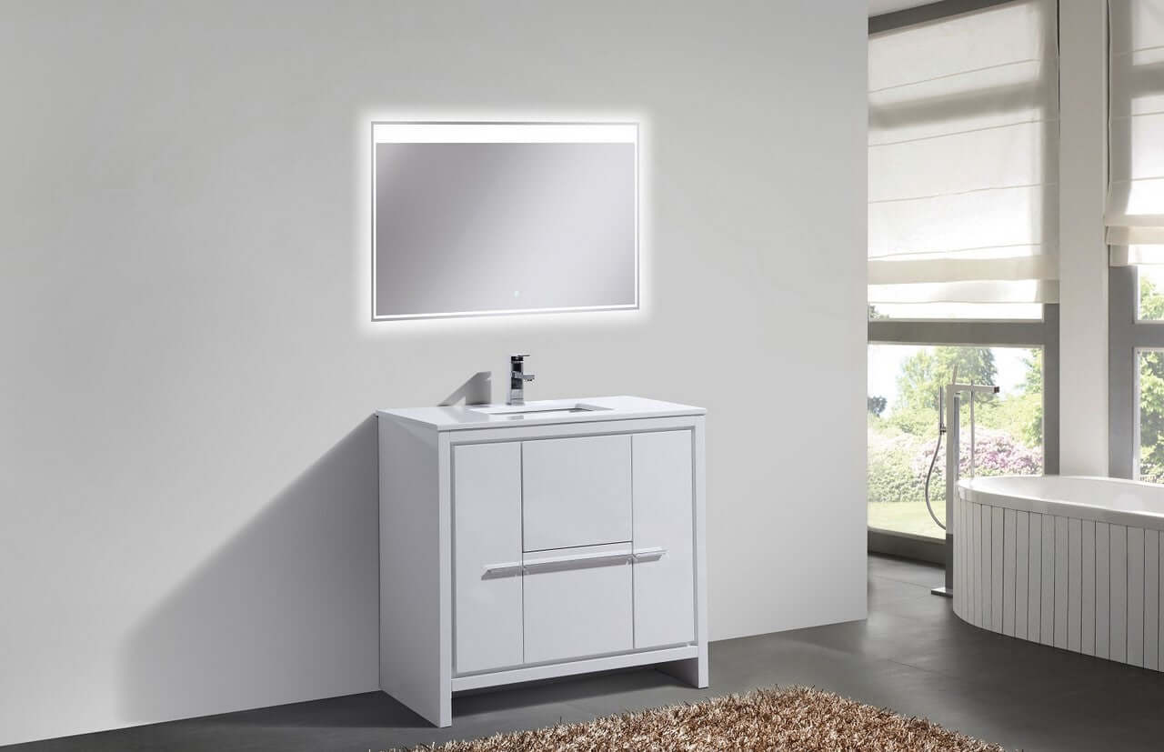 KubeBath Dolce 36″ High Gloss White Modern Bathroom Vanity with White Quartz Counter-Top