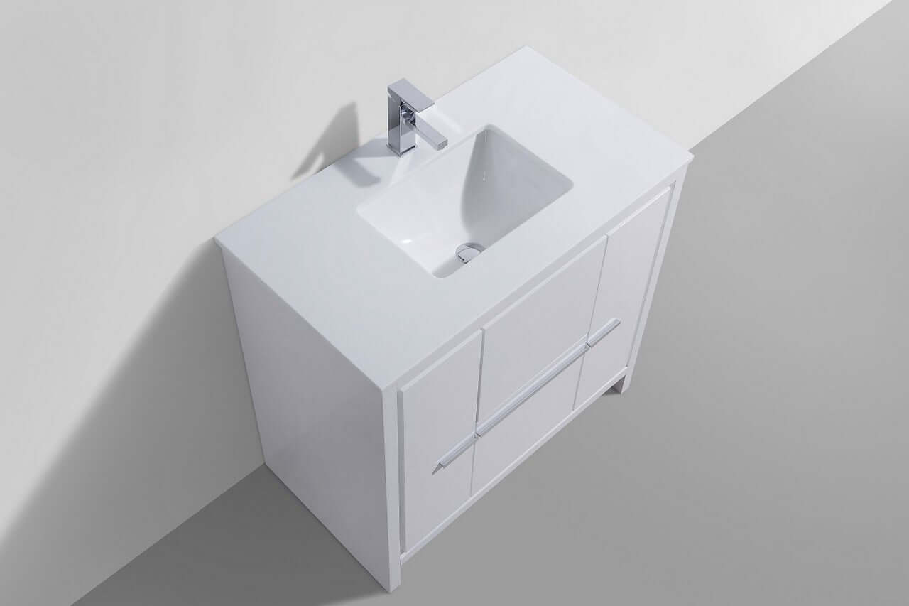 KubeBath Dolce 36″ High Gloss White Modern Bathroom Vanity with White Quartz Counter-Top
