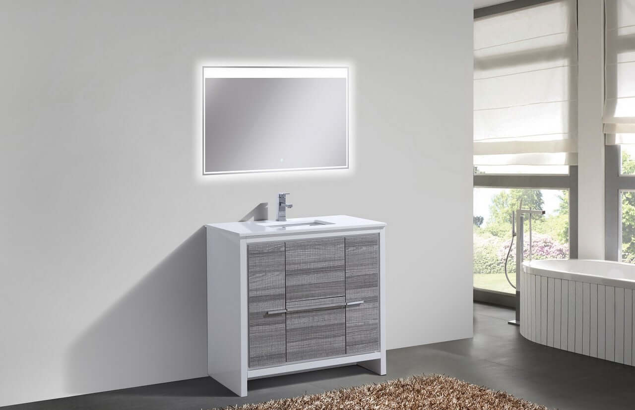 KubeBath Dolce 36″ Ash Gray Modern Bathroom Vanity with White Quartz Counter-Top