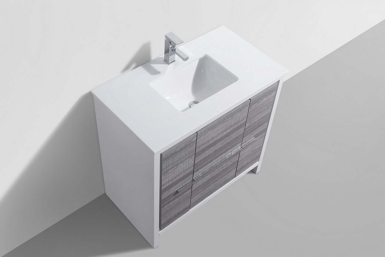 KubeBath Dolce 36″ Ash Gray Modern Bathroom Vanity with White Quartz Counter-Top