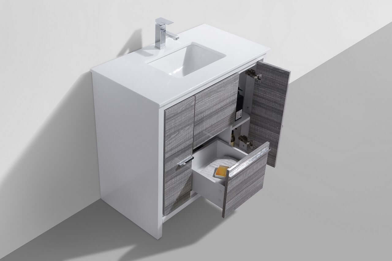 KubeBath Dolce 36″ Ash Gray Modern Bathroom Vanity with White Quartz Counter-Top