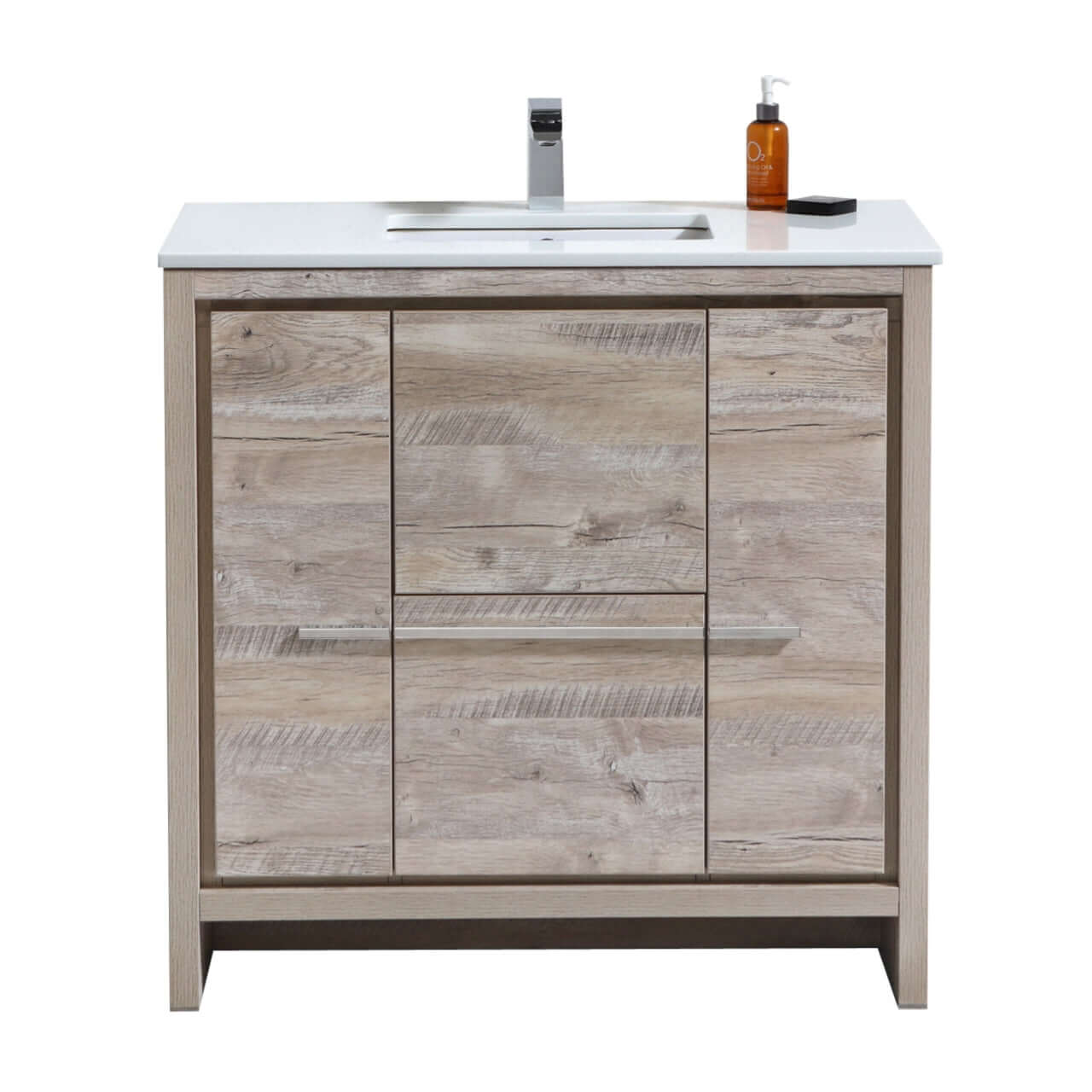 KubeBath Dolce 36″ Nature Wood Modern Bathroom Vanity with White Quartz Counter-Top, featuring two doors and one drawer