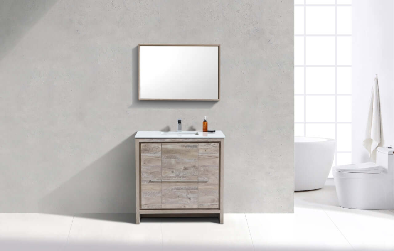 KubeBath Dolce 36″ Nature Wood Vanity with White Quartz Counter-Top and mirror in modern bathroom setting