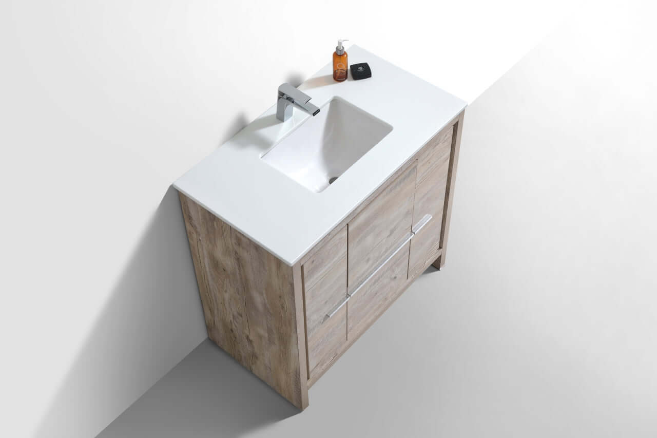 KubeBath Dolce 36″ Nature Wood Modern Bathroom Vanity with White Quartz Counter-Top featuring two doors and one drawer.