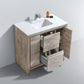 KubeBath Dolce 36″ Nature Wood Modern Bathroom Vanity with White Quartz Countertop, two doors, and one drawer open.