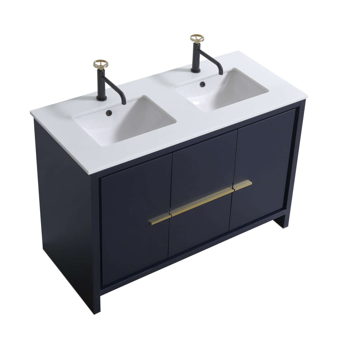 KubeBath Dolce 48″ Double Sink Blue Modern Bathroom Vanity with White Quartz Counter-Top