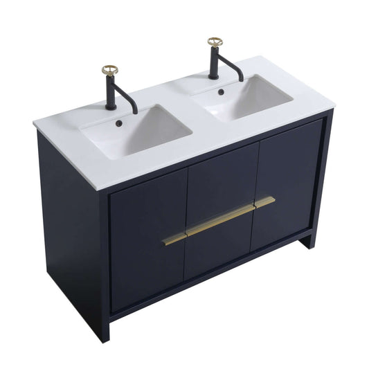 KubeBath Dolce 48″ Double Sink Blue Modern Bathroom Vanity with White Quartz Counter-Top