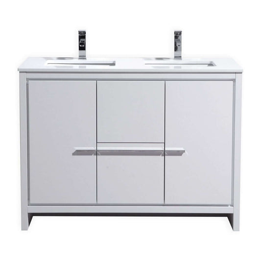 KubeBath Dolce 48″ Double Sink High Gloss White Modern Bathroom Vanity with White Quartz Counter-Top