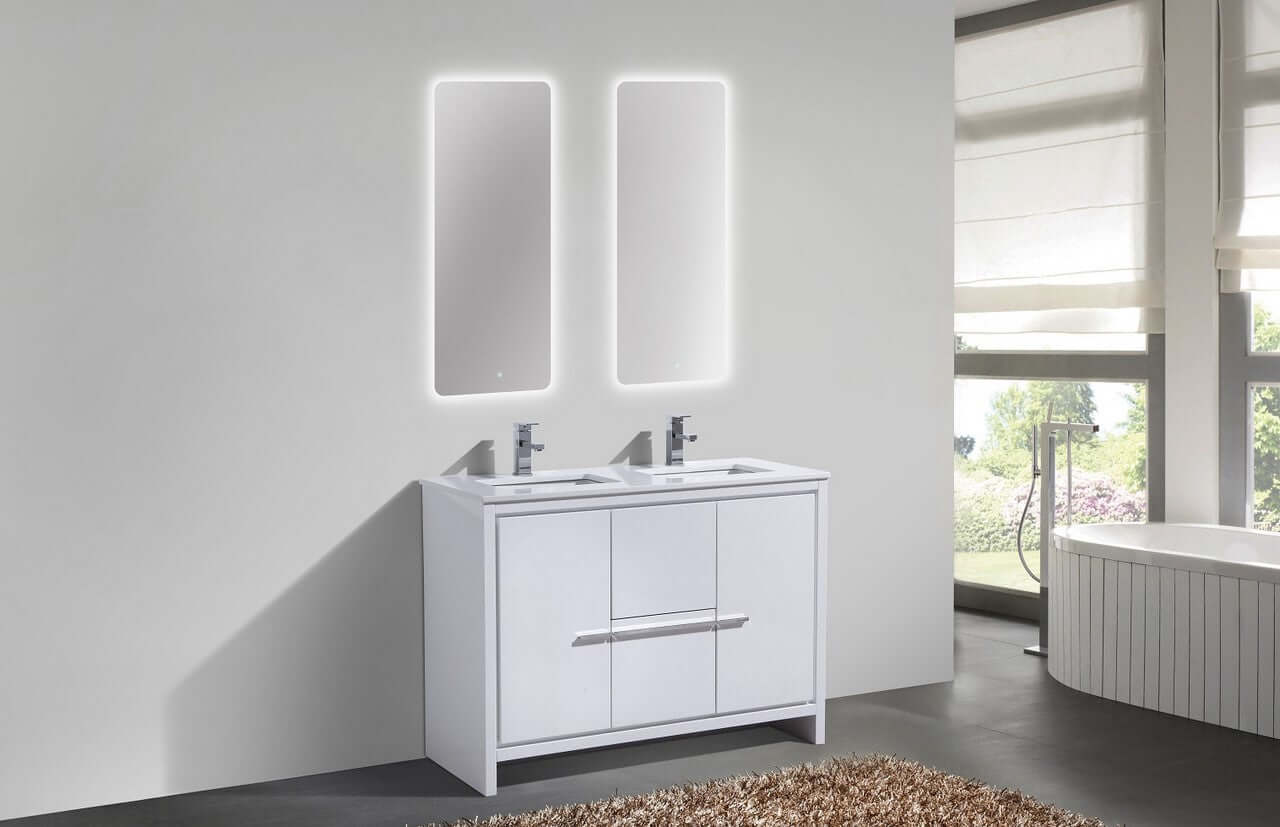 KubeBath Dolce 48″ Double Sink High Gloss White Modern Bathroom Vanity with White Quartz Counter-Top