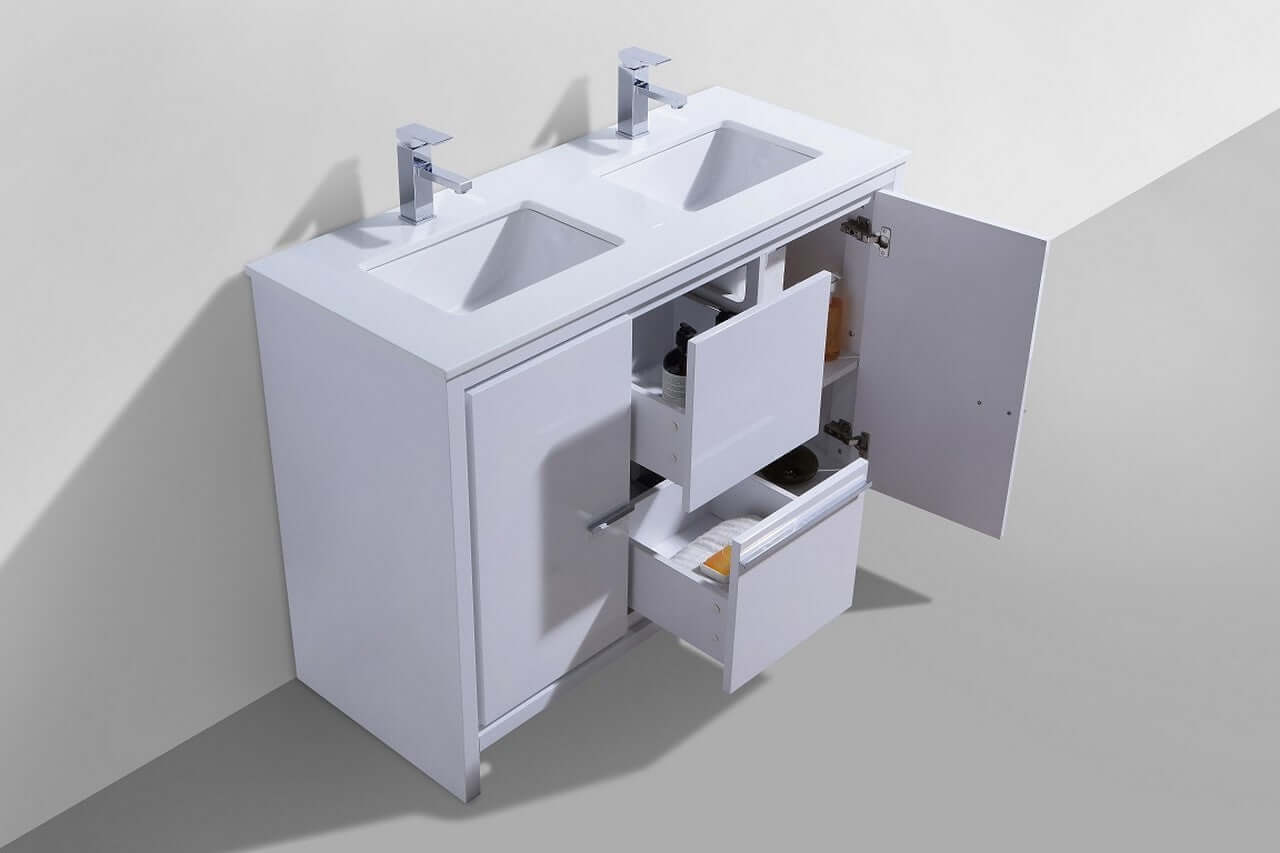 KubeBath Dolce 48″ Double Sink High Gloss White Modern Bathroom Vanity with White Quartz Counter-Top
