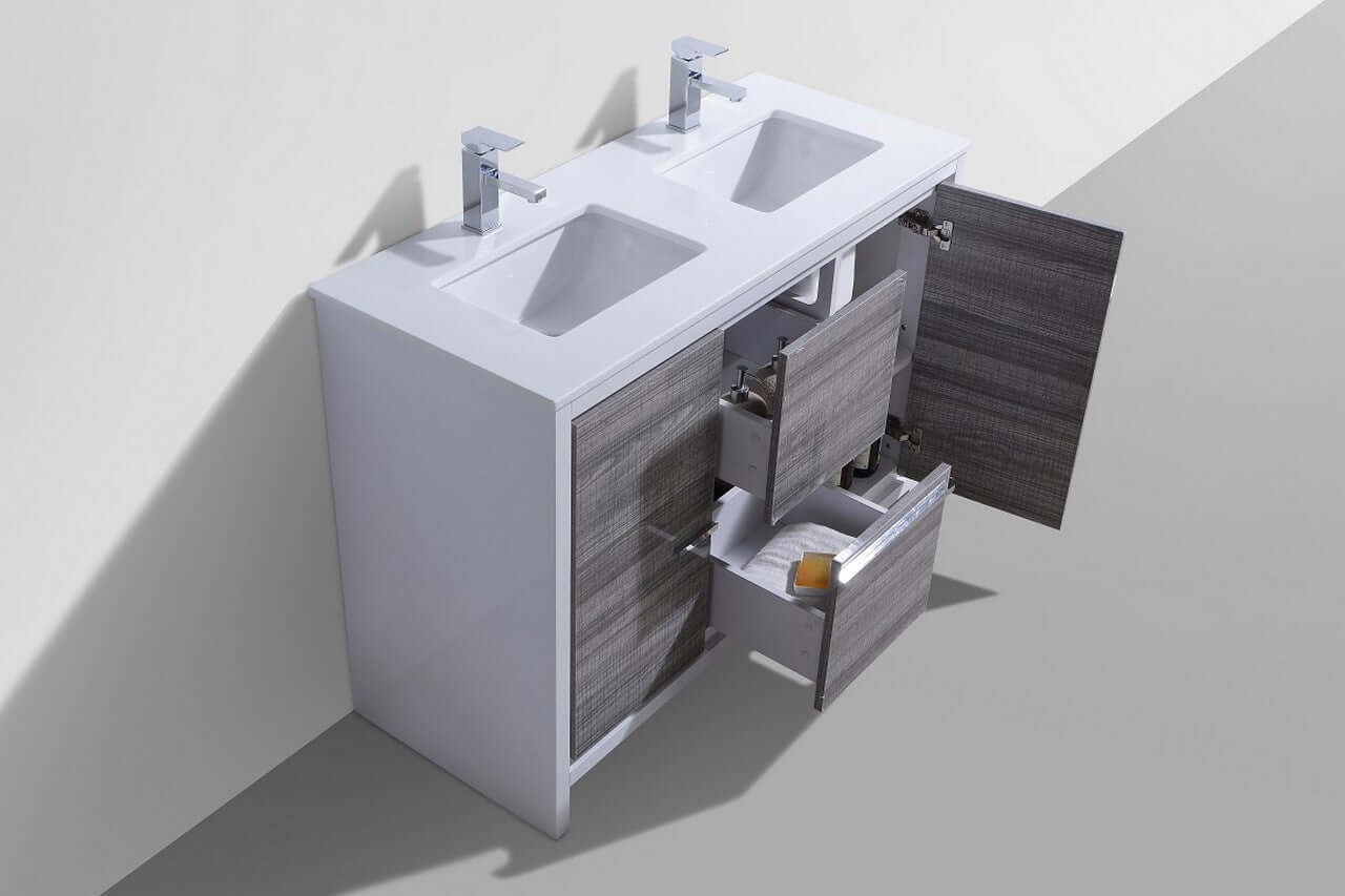 KubeBath Dolce 48″ Double Sink Ash Gray Modern Bathroom Vanity with White Quartz Counter-Top