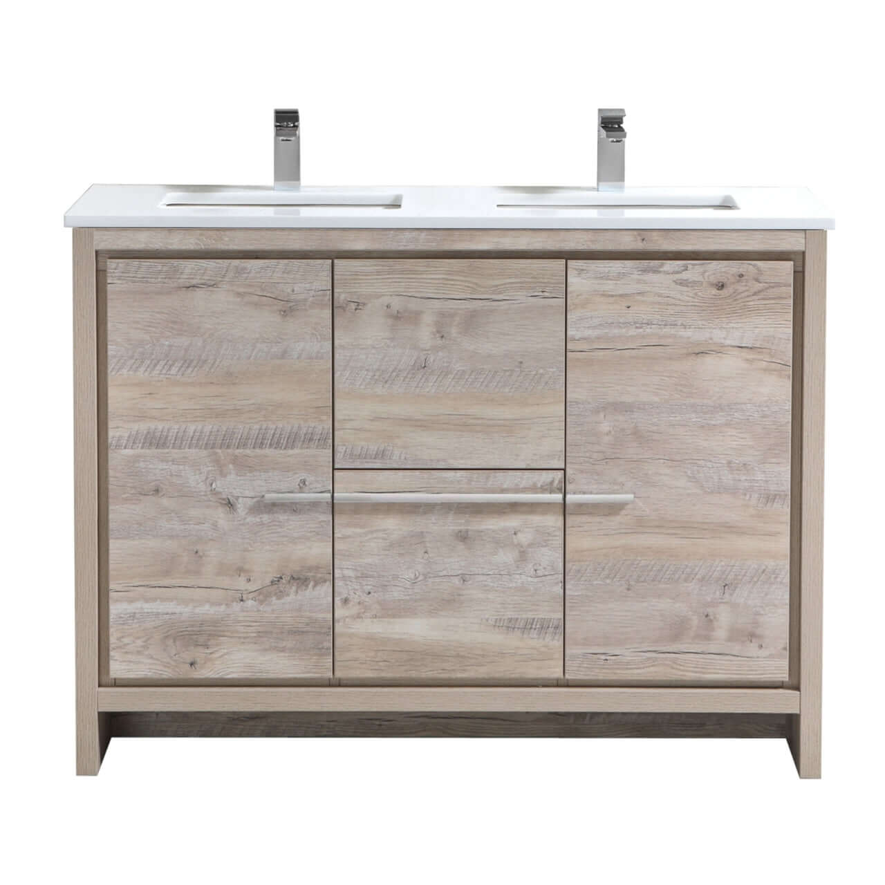 KubeBath Dolce 48″ Double Sink Nature Wood Modern Bathroom Vanity with White Quartz Counter-Top