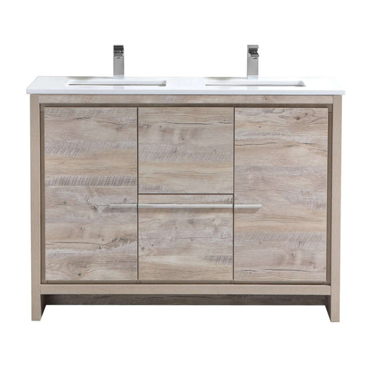 KubeBath Dolce 48″ Double Sink Nature Wood Modern Bathroom Vanity with White Quartz Counter-Top