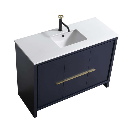 KubeBath Dolce 48″ Blue Modern Bathroom Vanity with White Quartz Counter-Top