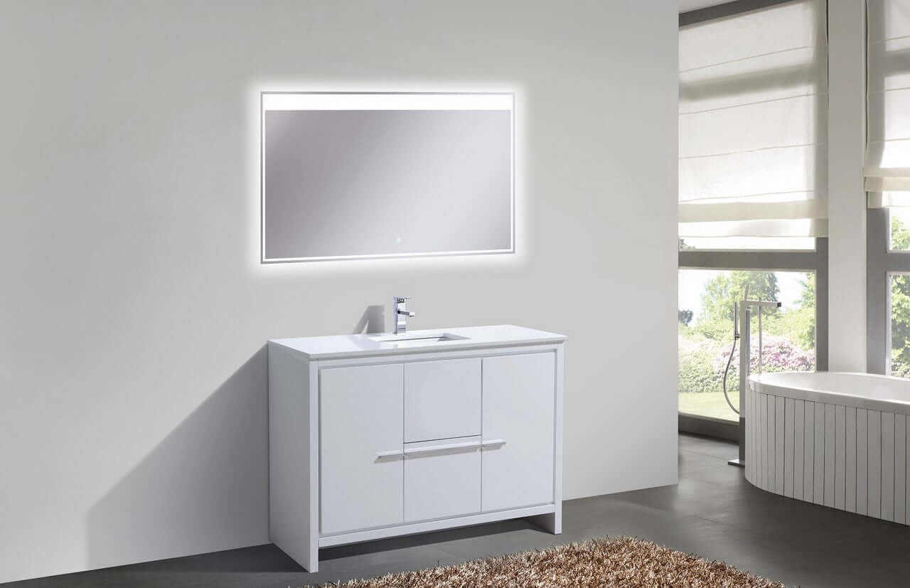 KubeBath Dolce 48″ High Gloss White Modern Bathroom Vanity with White Quartz Counter-Top