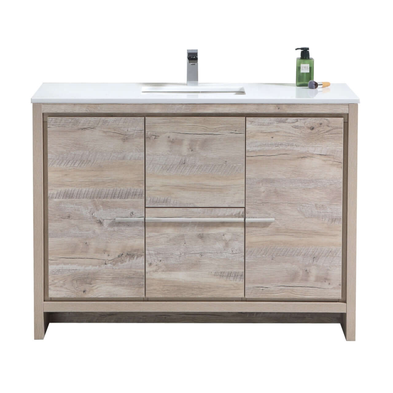 KubeBath Dolce 48″ Nature Wood Modern Bathroom Vanity with White Quartz Counter-Top