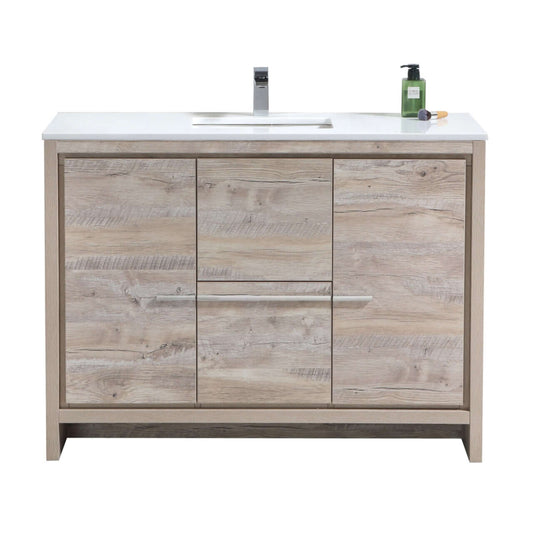 KubeBath Dolce 48″ Nature Wood Modern Bathroom Vanity with White Quartz Counter-Top