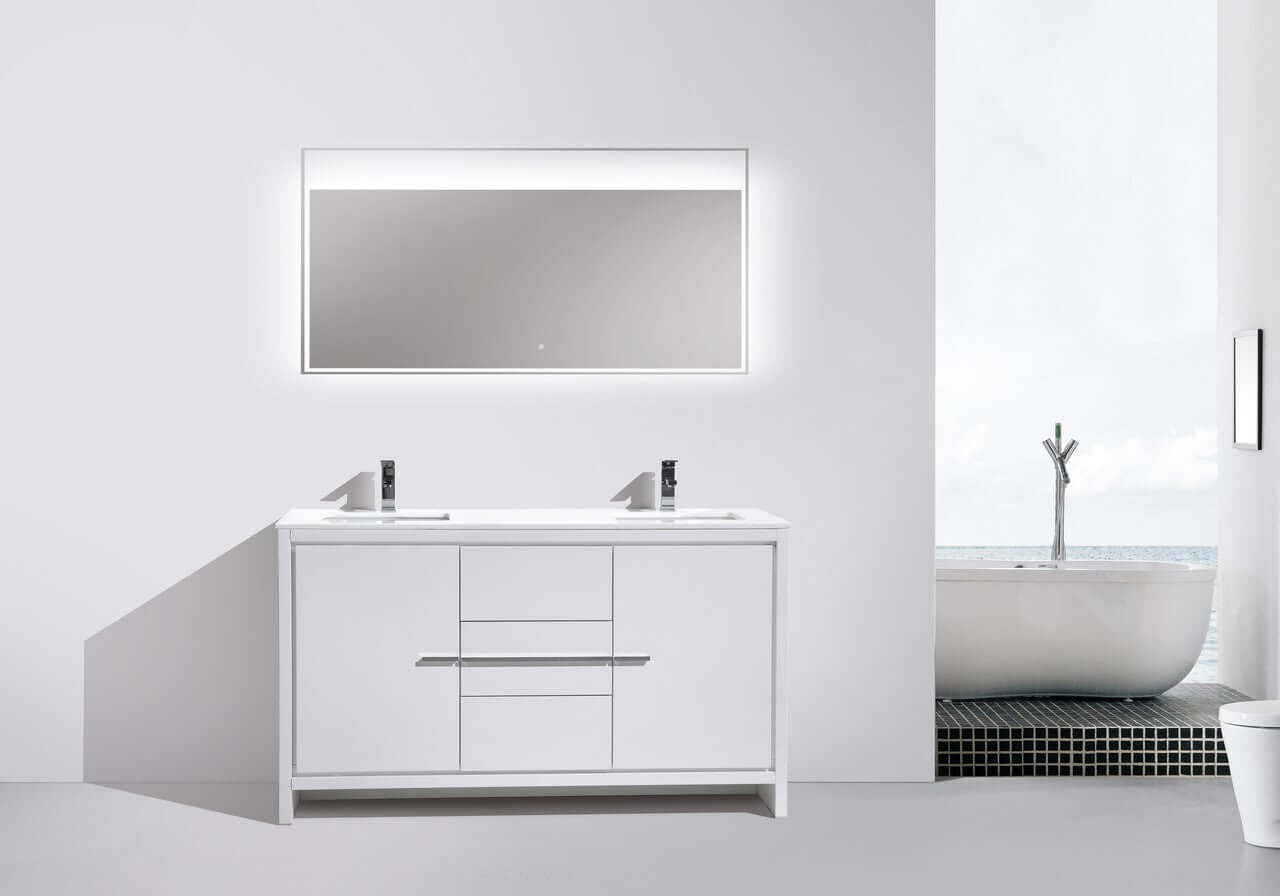 KubeBath Dolce 60″ Double Sink High Gloss White Modern Bathroom Vanity with White Quartz Counter-Top