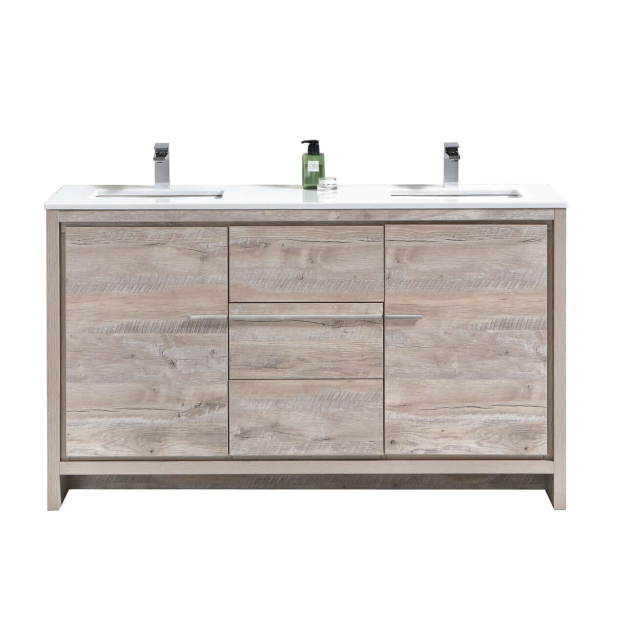 KubeBath Dolce 60″ Double Sink Nature Wood Modern Bathroom Vanity with White Quartz Counter-Top