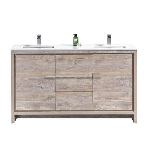 KubeBath Dolce 60″ Double Sink Nature Wood Modern Bathroom Vanity with White Quartz Counter-Top