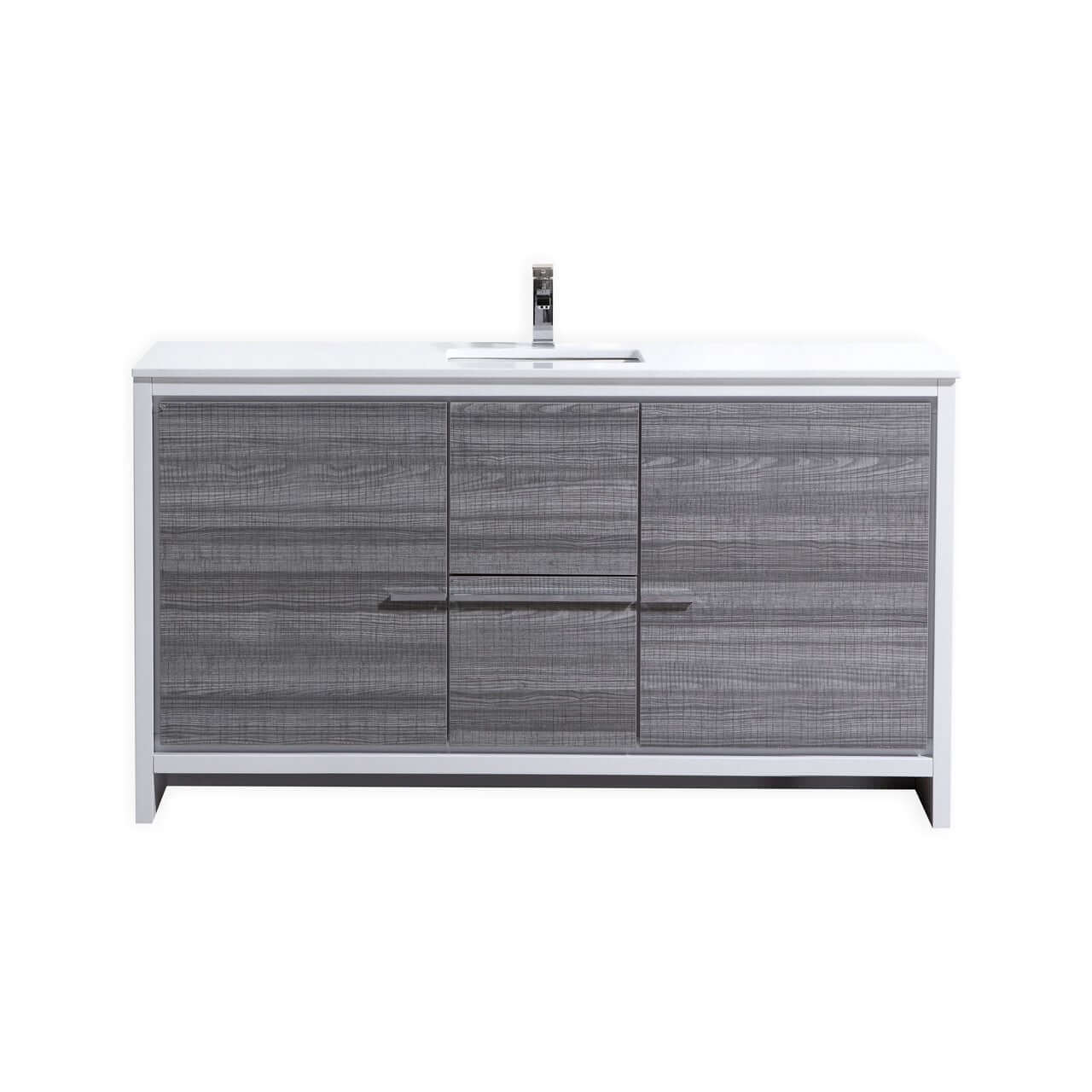 KubeBath Dolce 60″ Ash Gray Modern Bathroom Vanity with White Quartz Counter-Top