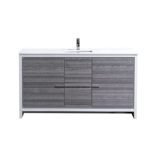 KubeBath Dolce 60″ Ash Gray Modern Bathroom Vanity with White Quartz Counter-Top