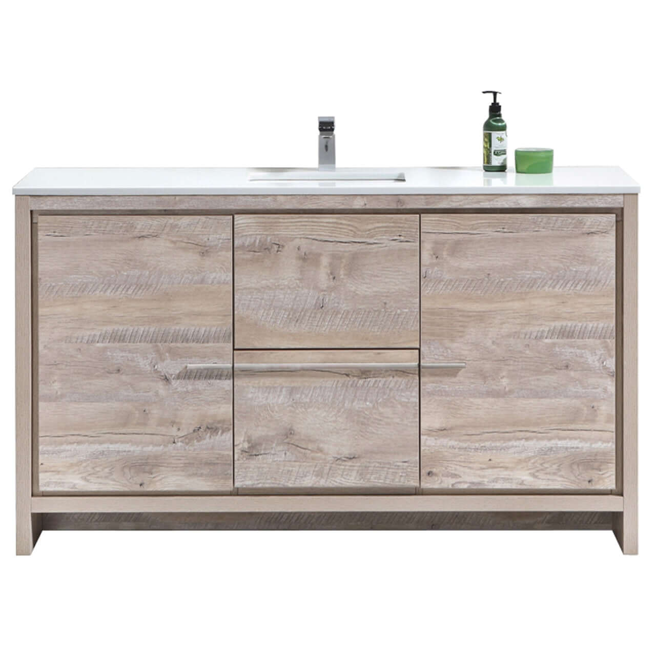 KubeBath Dolce 60″ Nature Wood Modern Bathroom Vanity with White Quartz Counter-Top
