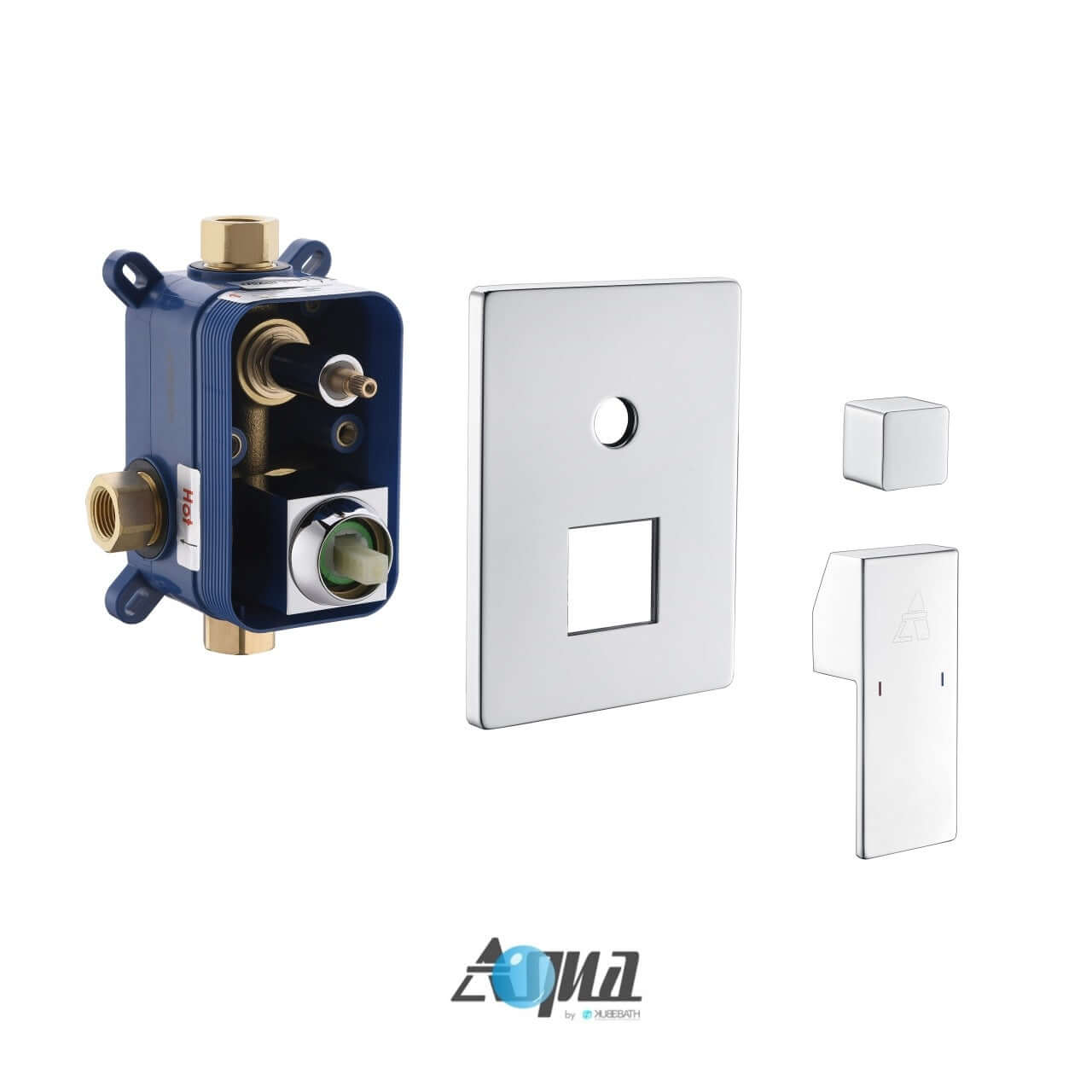 Aqua Piazza brass shower set components, including valve, square rain shower, and tub filler, featuring German engineering and modern design.