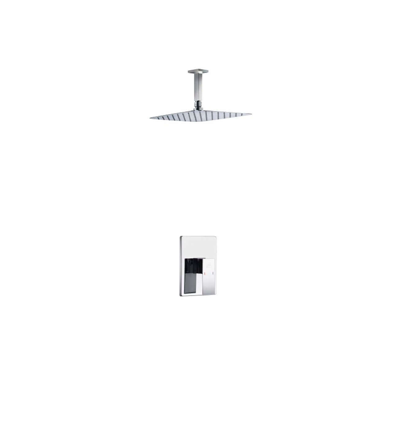 Aqua Piazza Chrome Shower Set with 12" Ceiling Mount Square Rain Shower and modern geometric faucet.