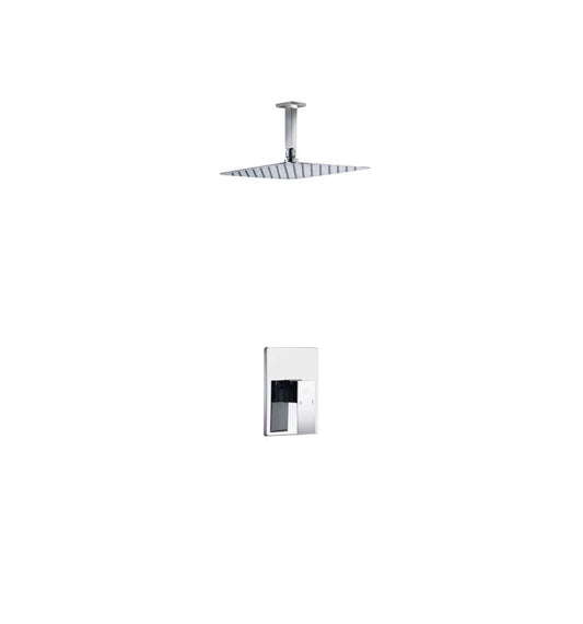 Aqua Piazza Chrome Shower Set with 12" Ceiling Mount Square Rain Shower and modern geometric faucet.
