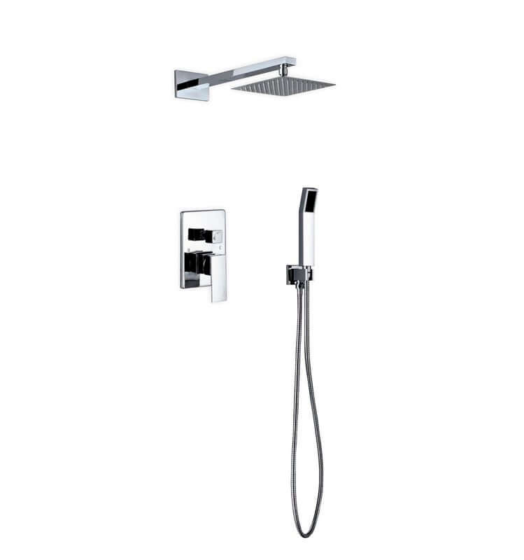 Aqua Piazza brass shower set with 8" square rain shower and handheld in modern geometric design.