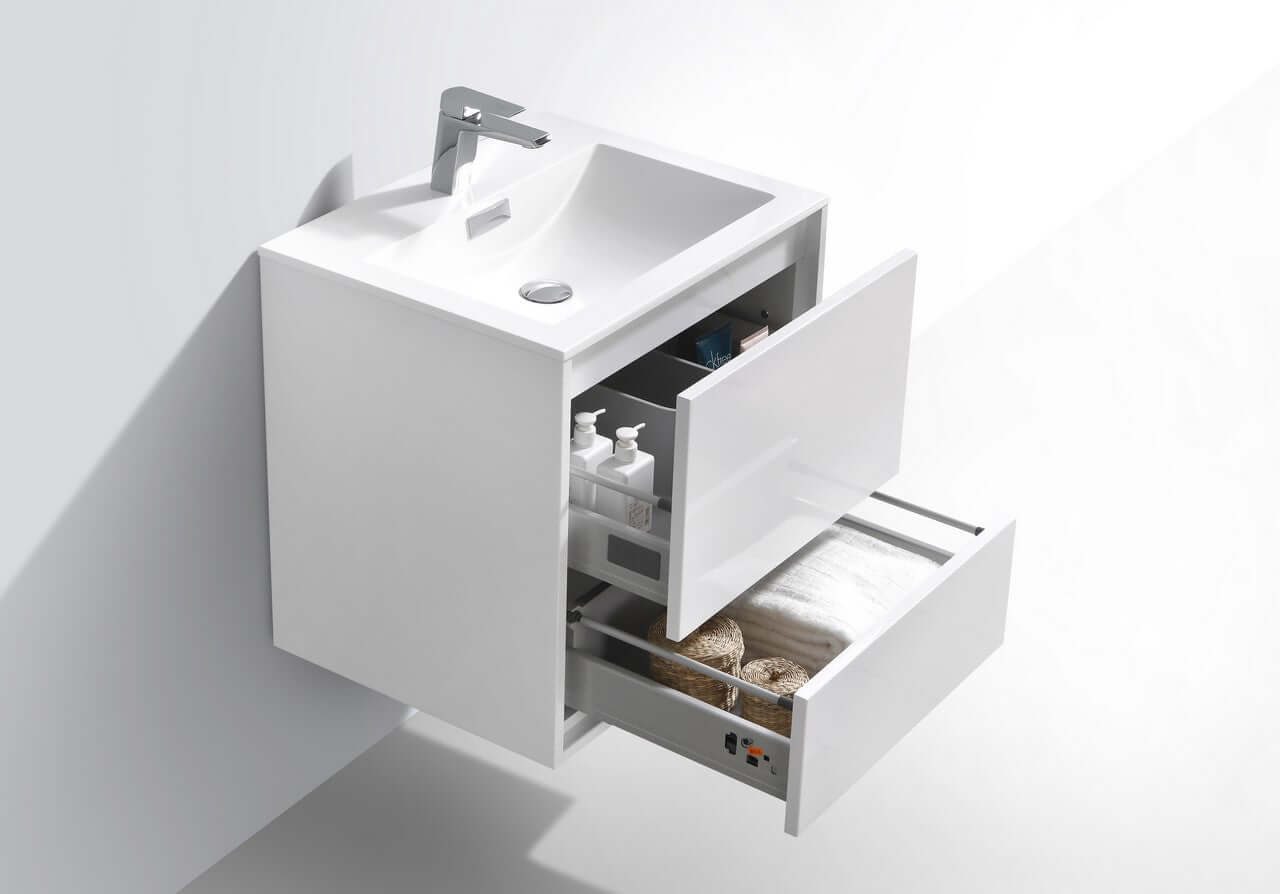 DeLusso 24" High Glossy White Wall Mount Modern Bathroom Vanity