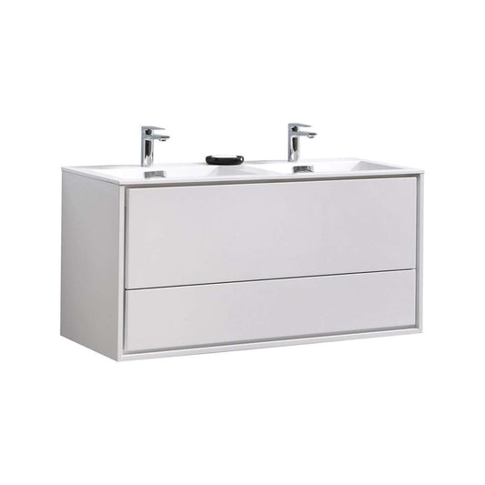 DeLusso 48" Double Sink High Glossy White Wall Mount Modern Bathroom Vanity