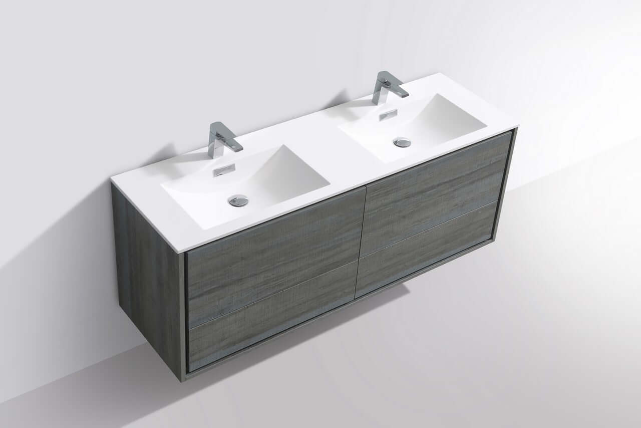 DeLusso 60" Double Sink Ocean Grey Wall Mount Modern Bathroom Vanity