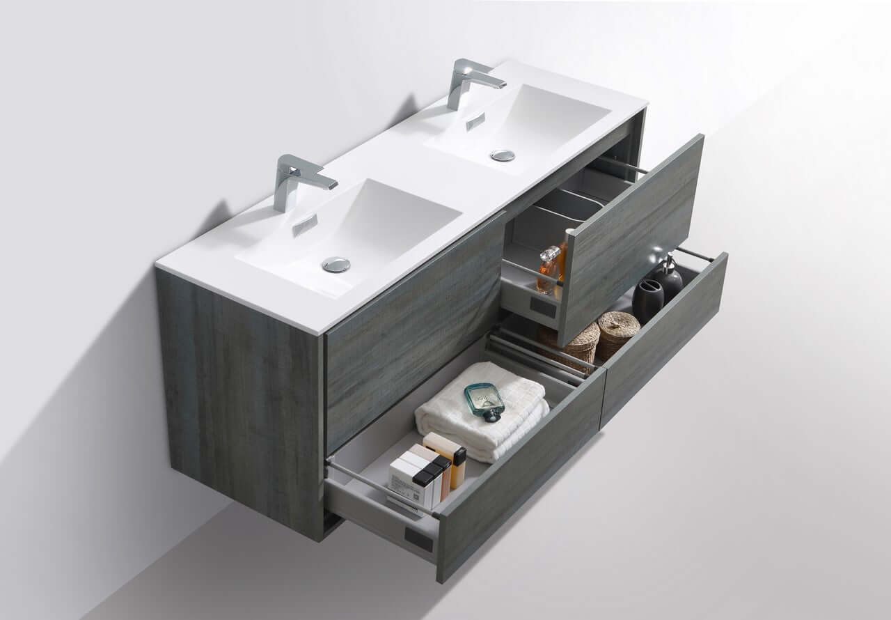 DeLusso 60" Double Sink Ocean Grey Wall Mount Modern Bathroom Vanity