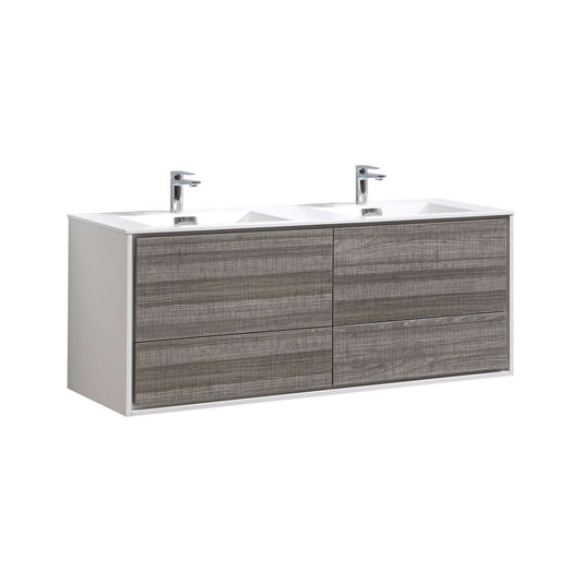 DeLusso 60" Double Sink Ash Gray Wall Mount Modern Bathroom Vanity