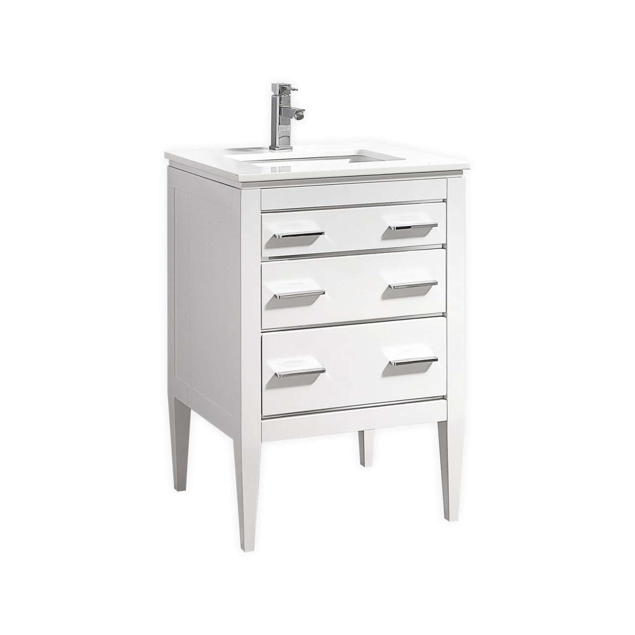 Eiffel 24'' High Gloss White Vanity with Quartz Countertop and Two Functional Drawers Front View