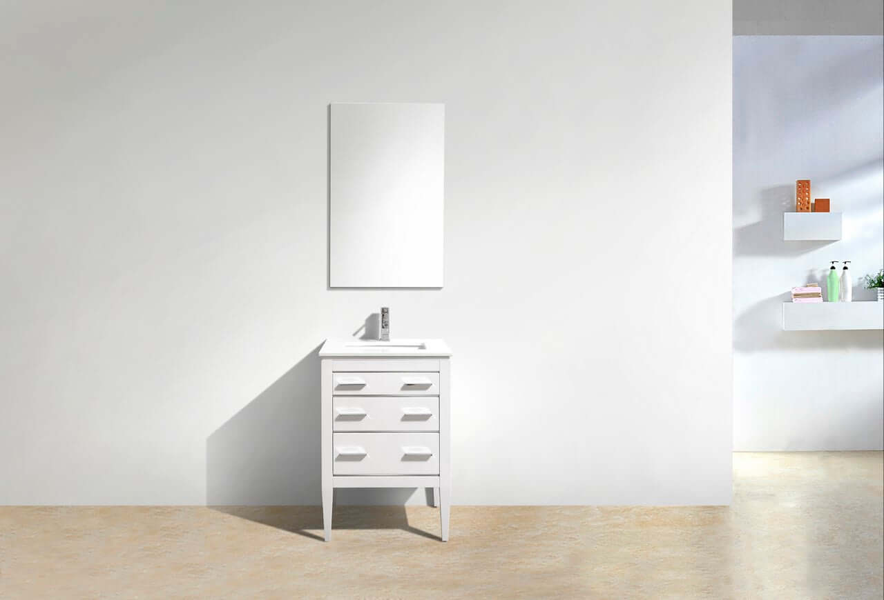Eiffel 24'' high gloss white vanity with quartz countertop in a minimalist bathroom setting.